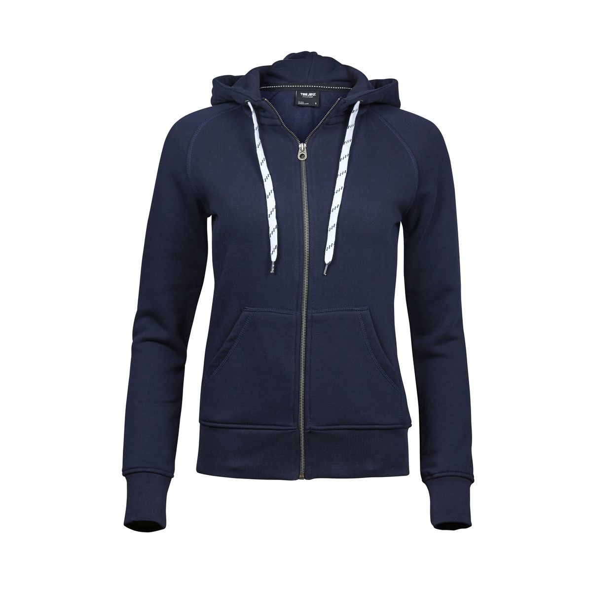 Felpa donna blu royal con cappuccio, zip e cordini bianchi e blu