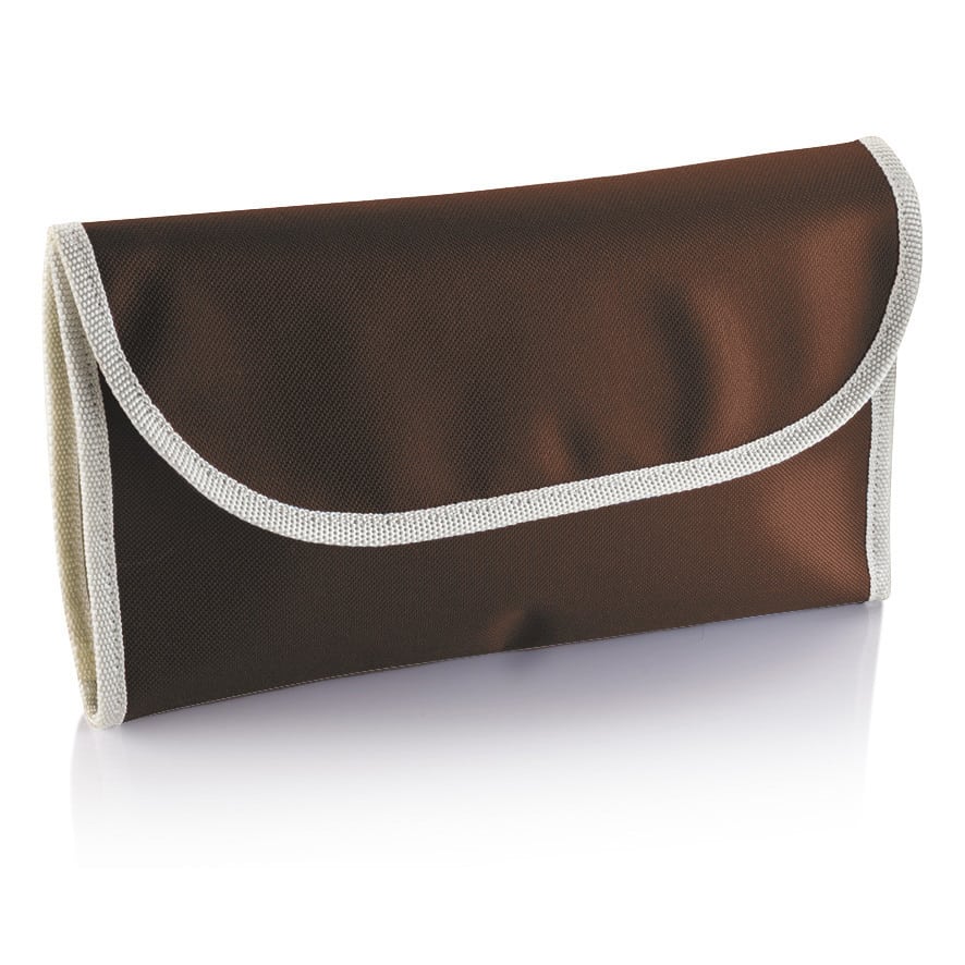 Porta documenti marrone con apertura a portafoglio e chiusura in velcro