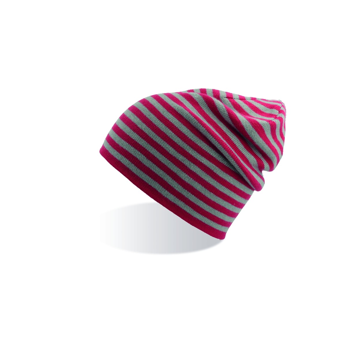 Berretto bimbo a righe rosso e grigio su sfondo bianco
