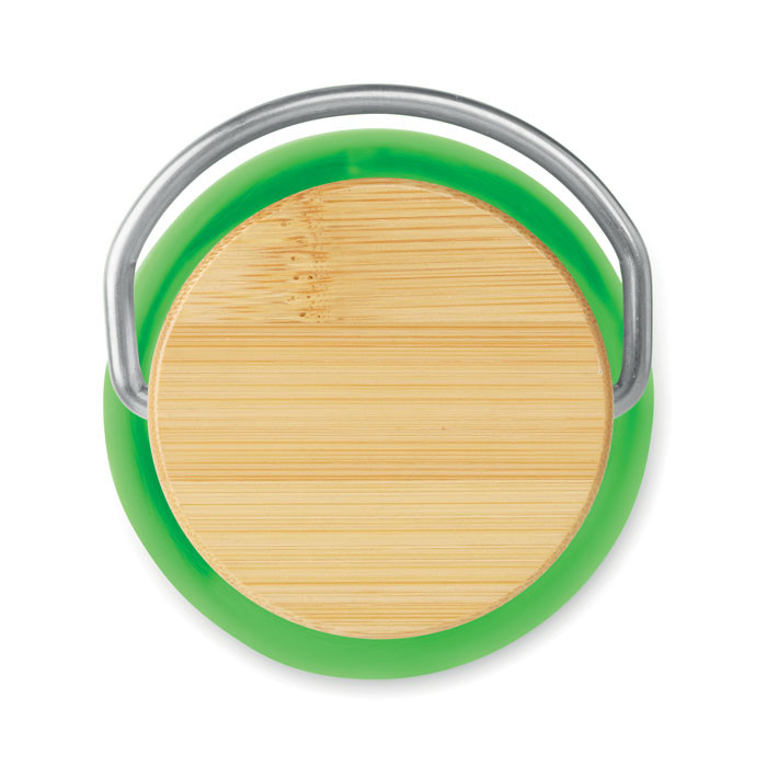 Borraccia in tritan verde con tappo in acciaio inox e dettagli in bamboo