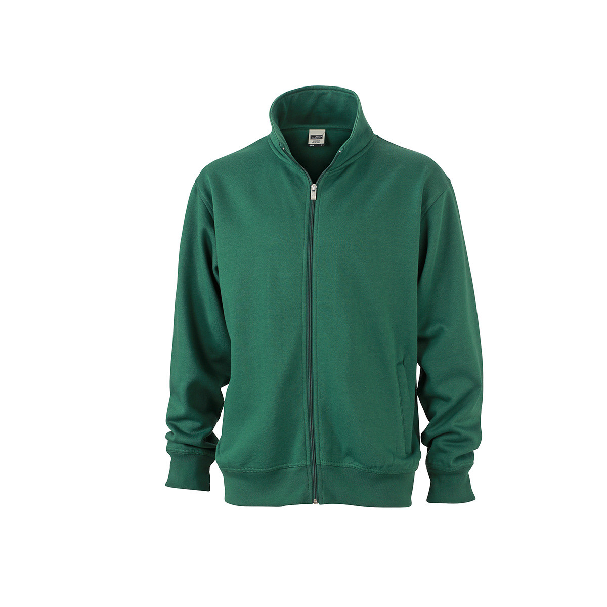 Felpa unisex verde scuro collo alto con girovita e polsini in costina elastica su sfondo bianco