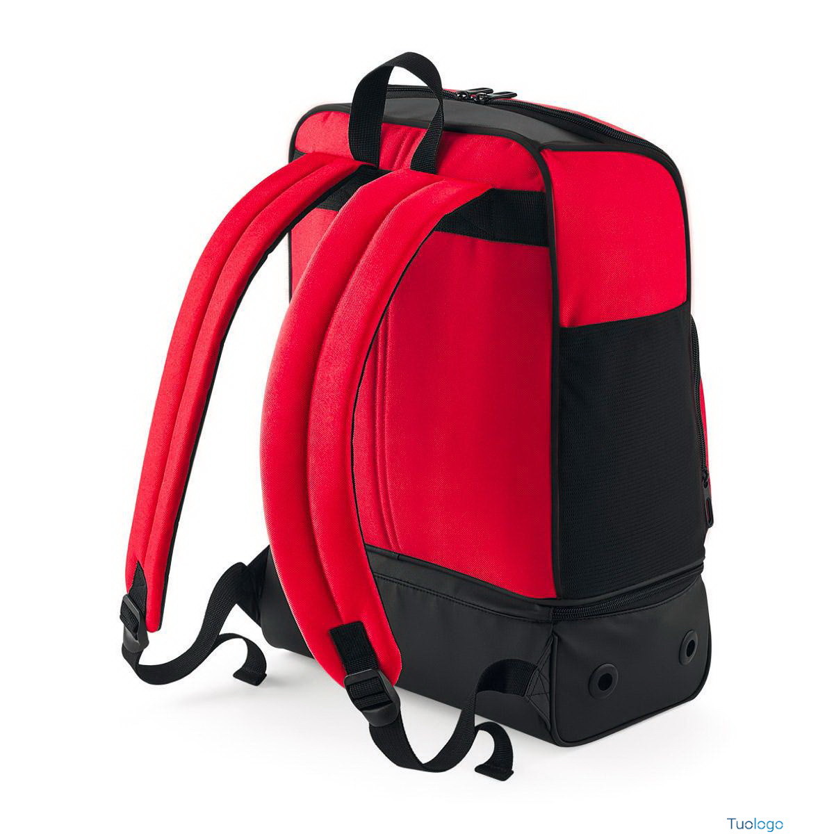 Retro di zaino sportivo rosso e nero con spallacci imbottiti