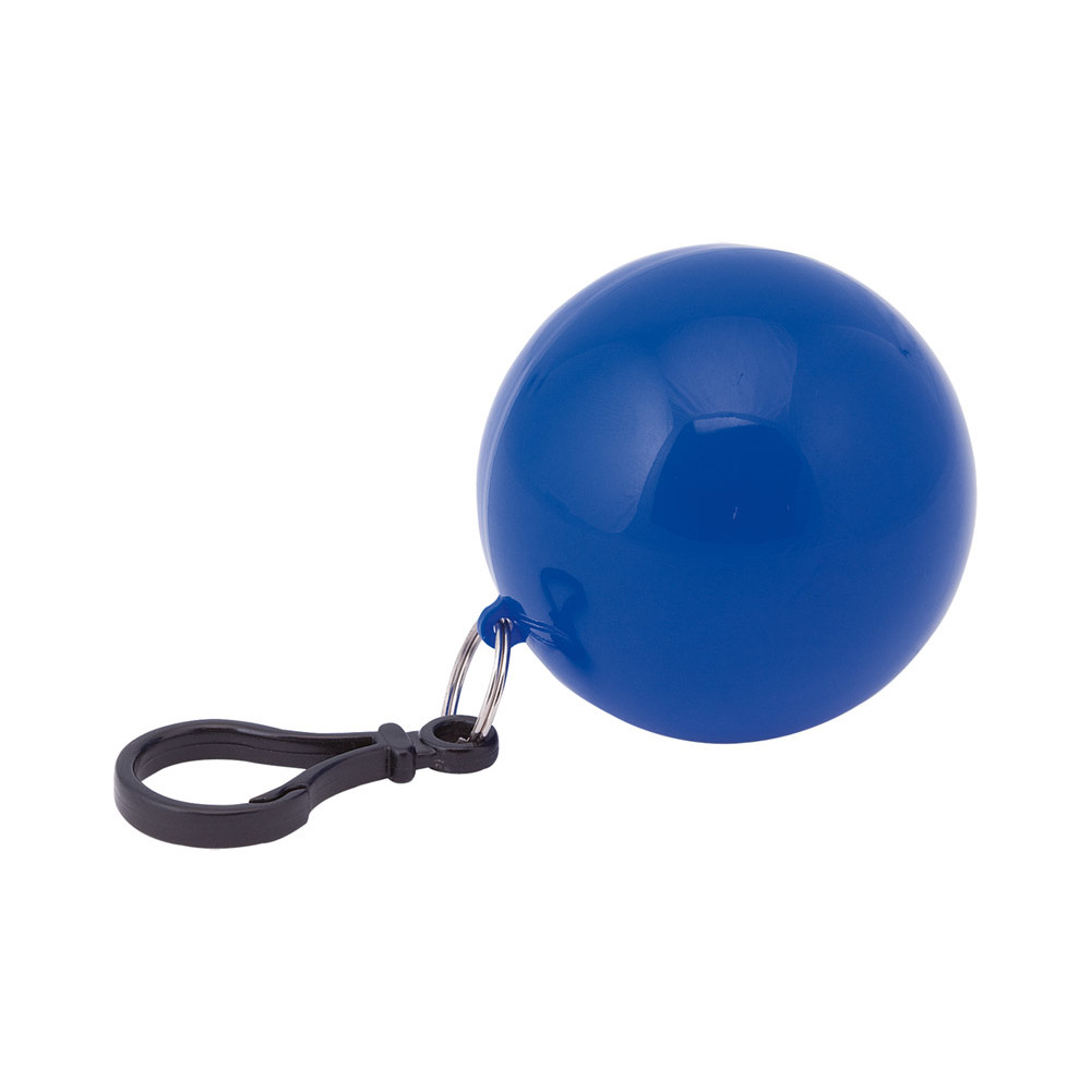 Impermeabile con portachiavi e moschettone ripiegato in pallina di plastica blu