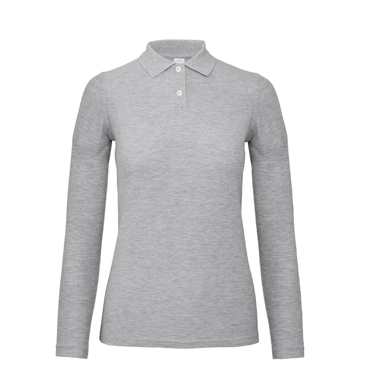 Polo grigio melange donna manica lunga su sfondo bianco
