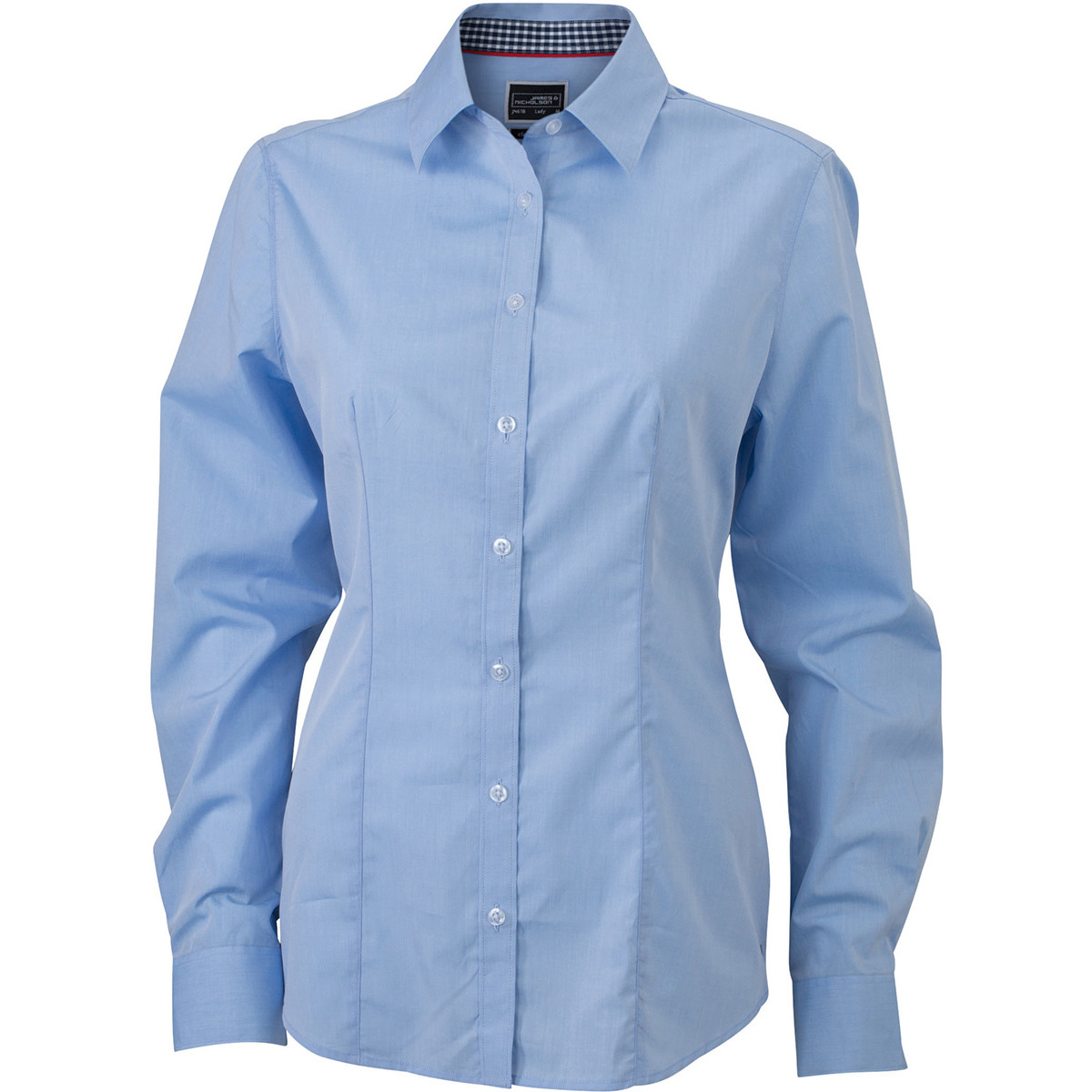 Camicia da donna azzurra con bottoni bianchi, dettagli collo quadretti bianco blu