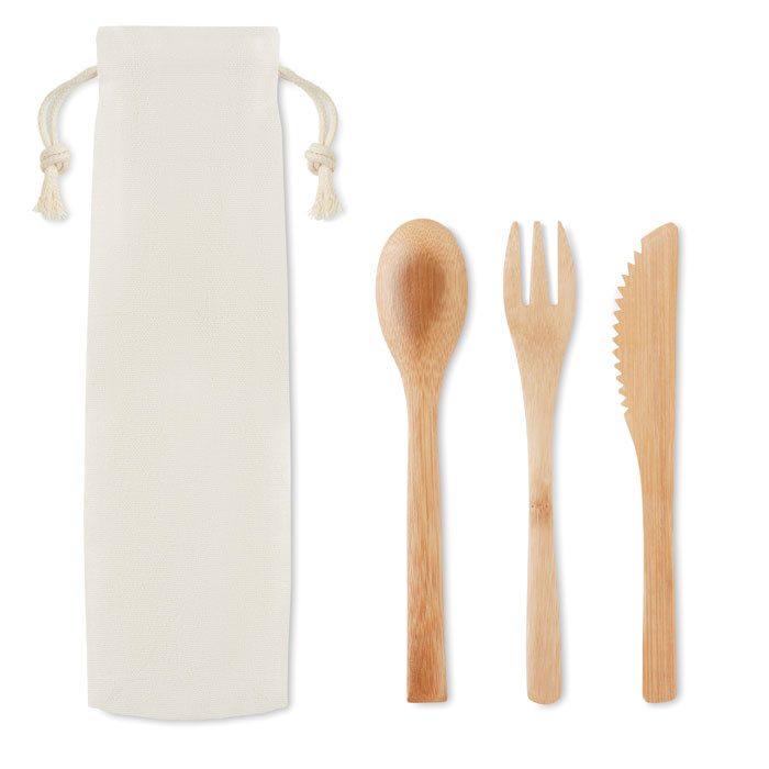 Set da tre posate in bamboo include forchetta, coltello e cucchiaio e sacchettino in canvas