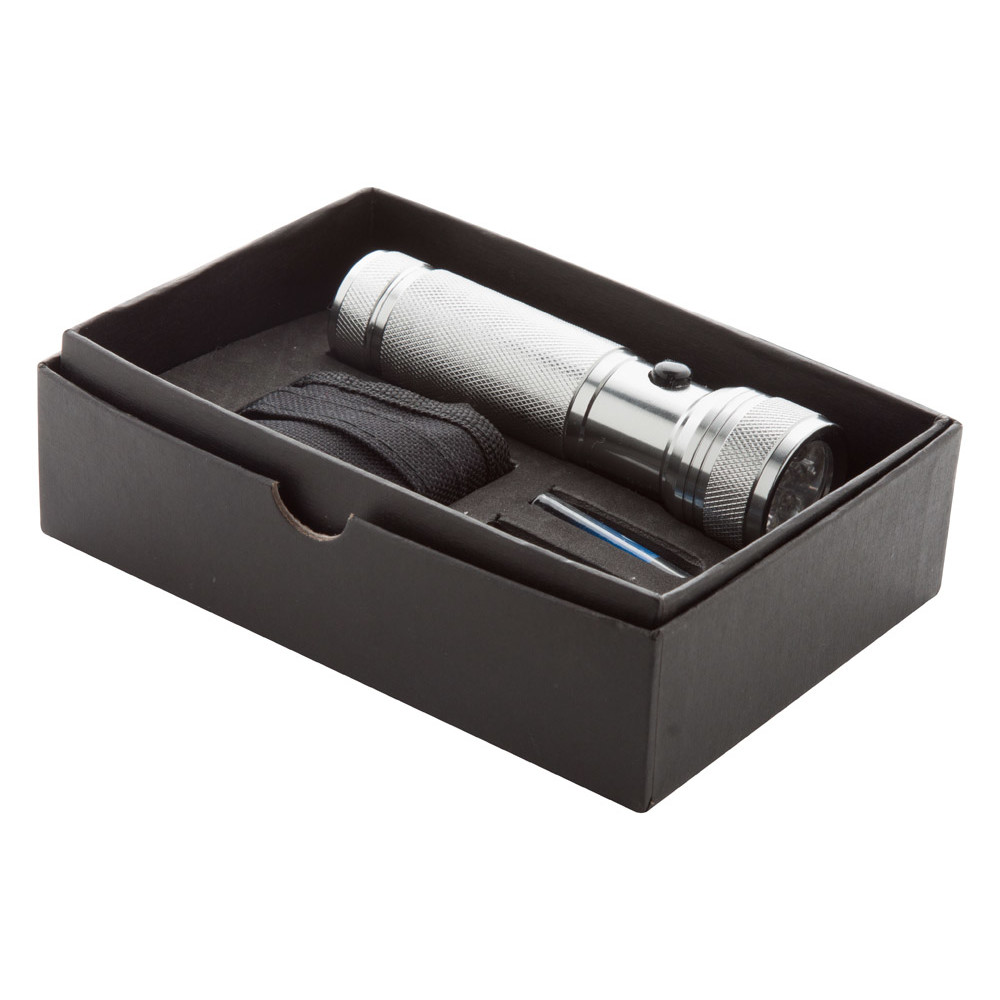 Torcia grigia in confezione regalo con tre batterie AAA