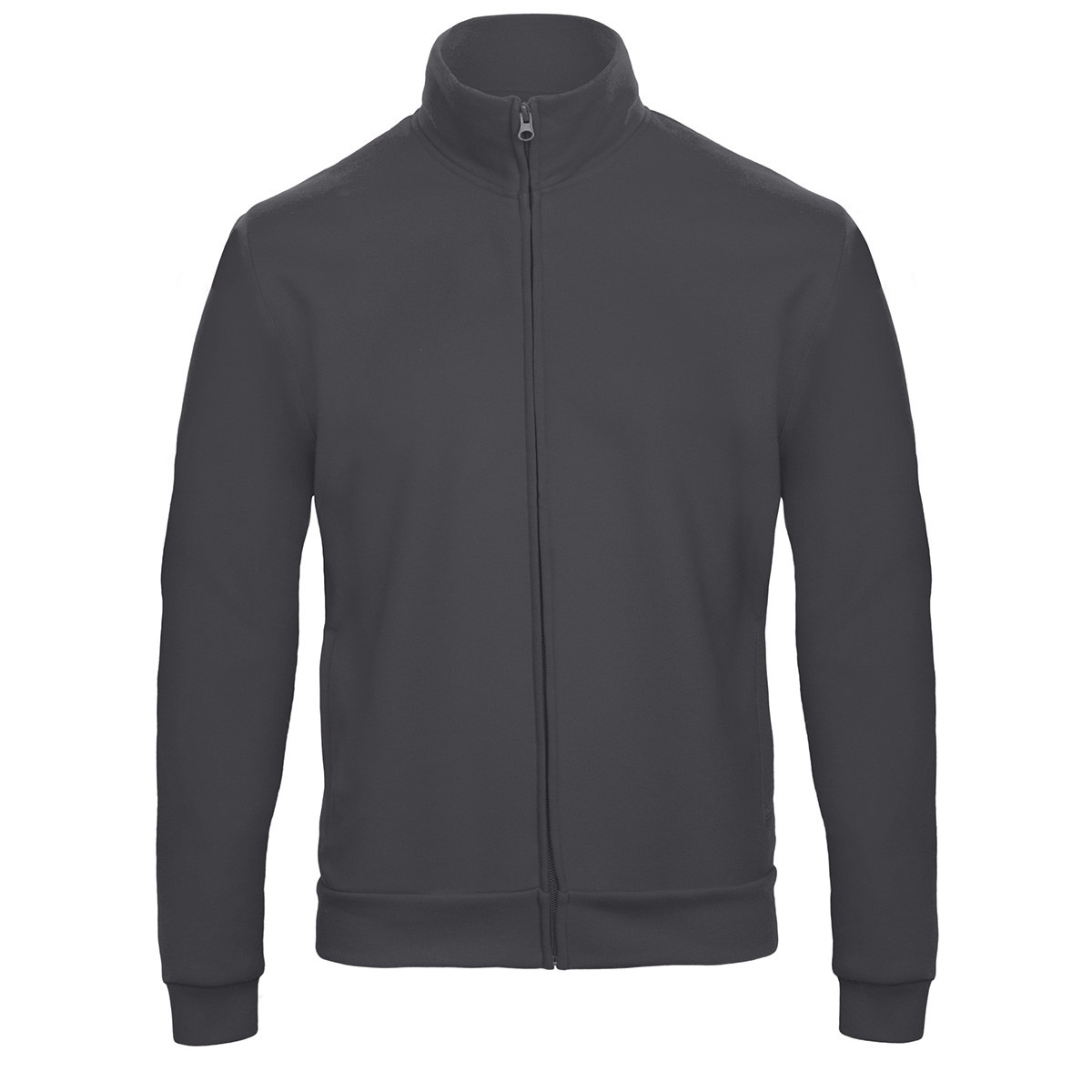 Felpa unisex grigio antracite collo alto con zip lunga su sfondo bianco