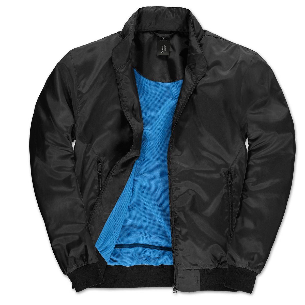 Giacca nera interno azzurro traspirante con cappuccio e tasche con zip 100% poliestere