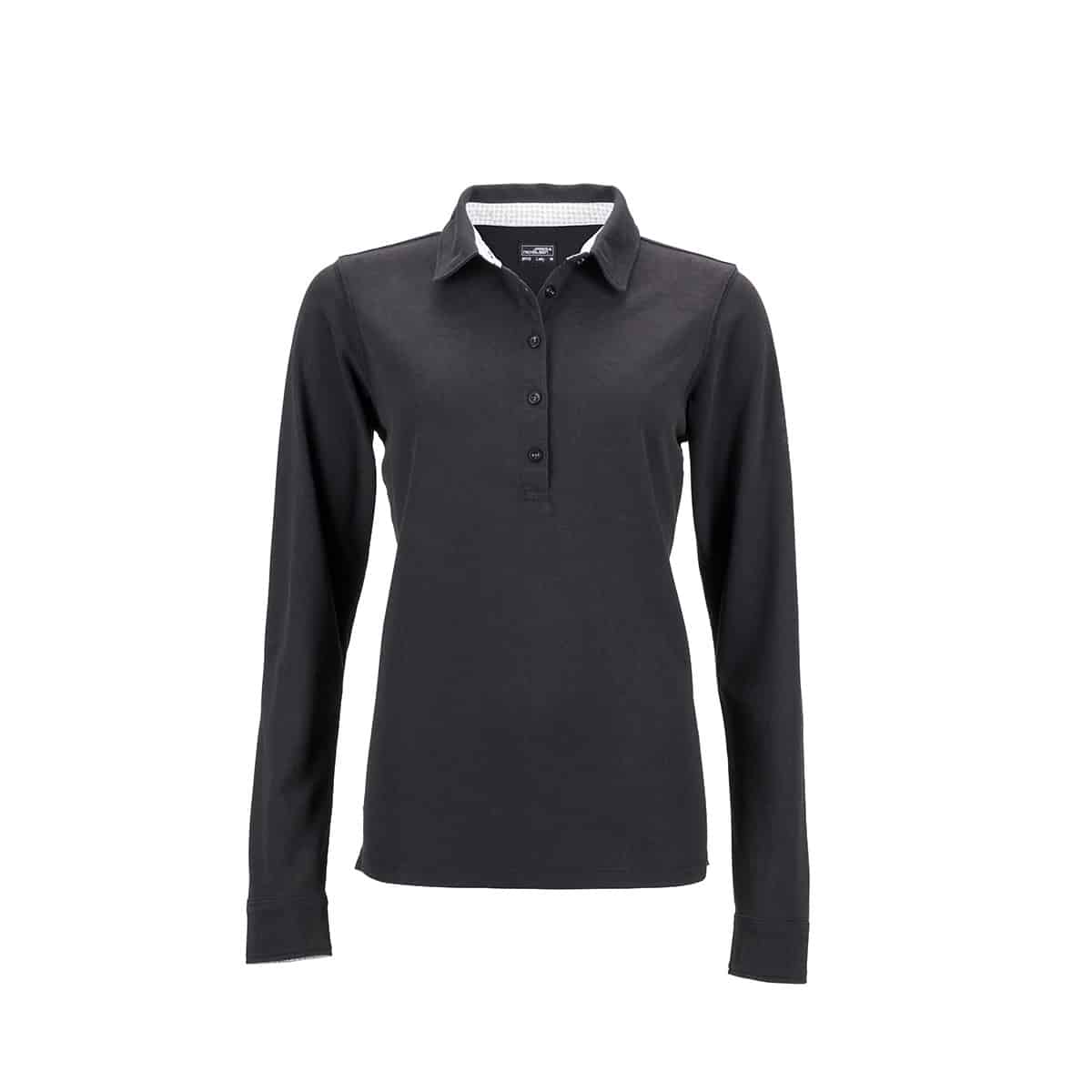 Polo donna nera manica lunga inserti a contrasto nel colletto e 5 bottoni