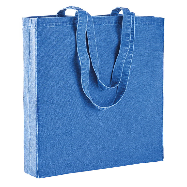 Shopper azzurra in cotone con effeto jeans consumato con manici lunghi