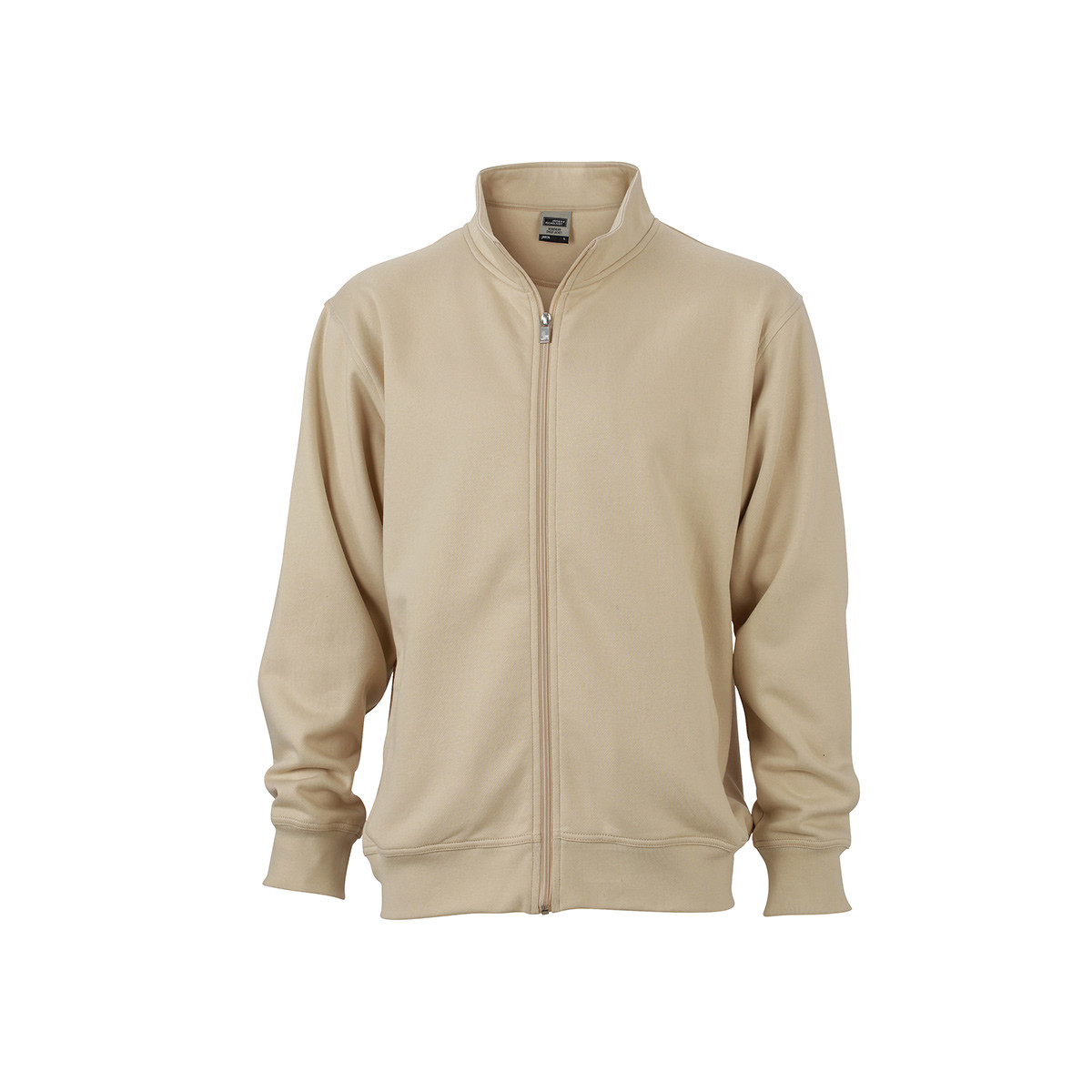 Felpa unisex beige stone collo alto con girovita e polsini in costina elastica su sfondo bianco