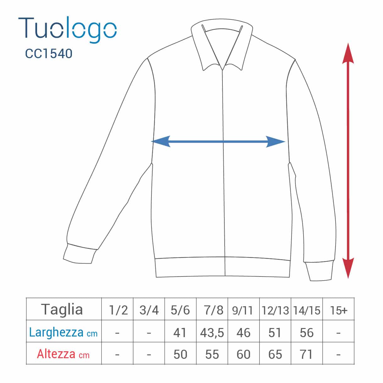 Tabella larghezza e lunghezza taglie della felpa da ragazzo con cappuccio
