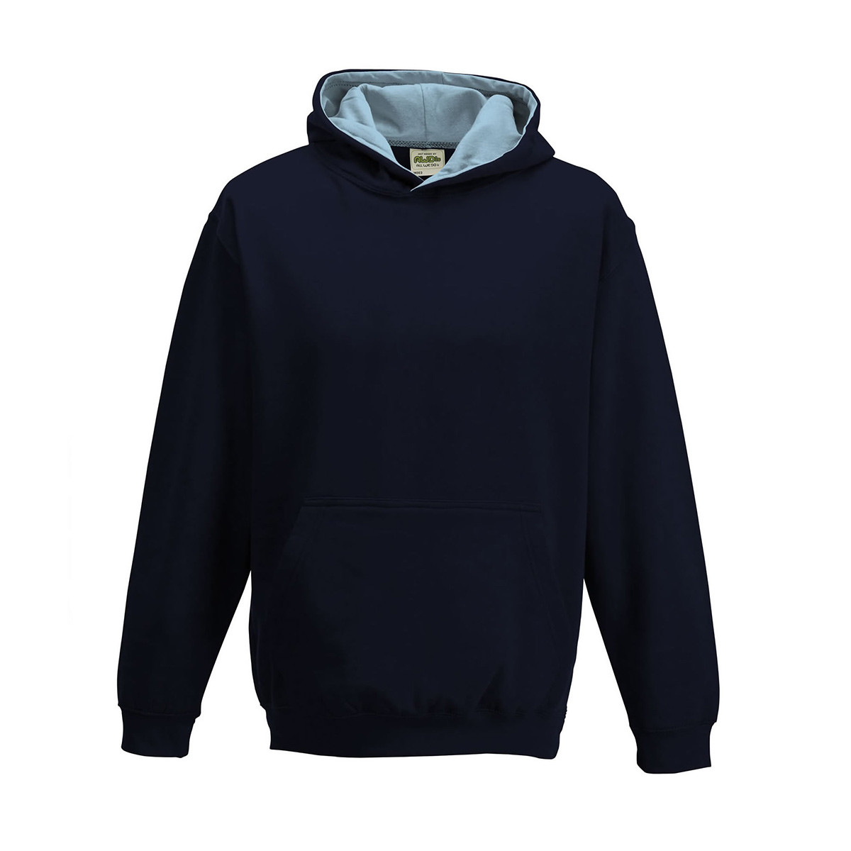 Felpa bambino blu navy con cappuccio interno contrasto azzurro e tascone sul fronte