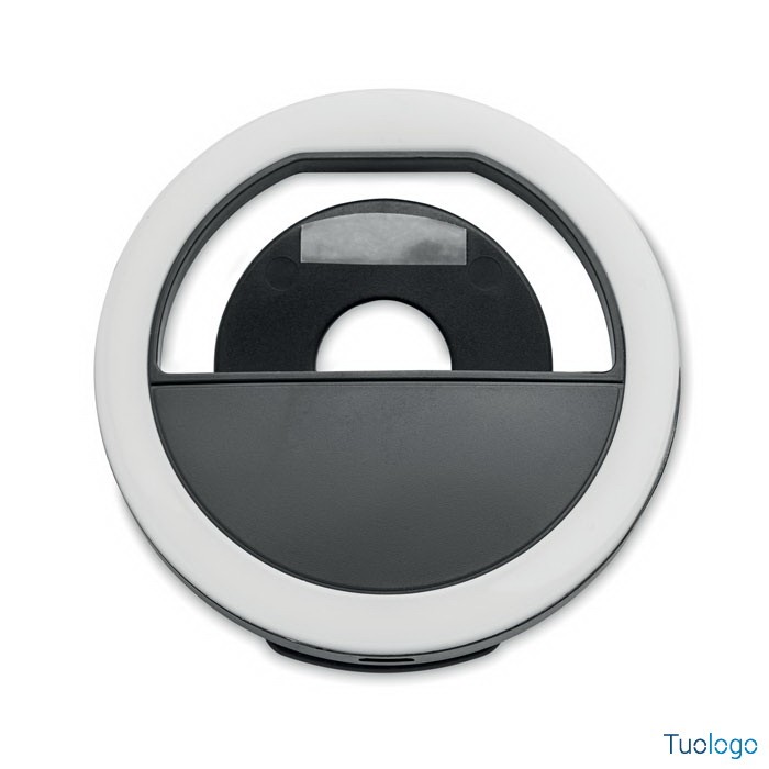 Luce per smartphone bianca, con dettagli neri, posizionata su sfondo bianco