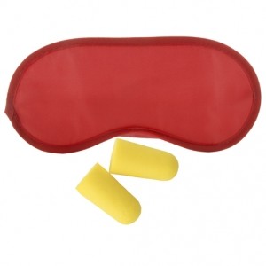 Maschera per gli occhi rossa e tappi per le orecchie gialli