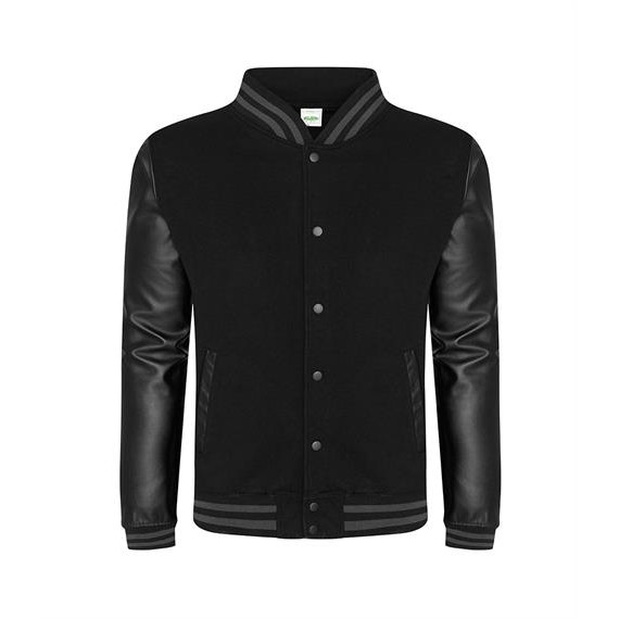 Felpa baseball nera con maniche in pelle sintetica nera e bottoni automatici neri