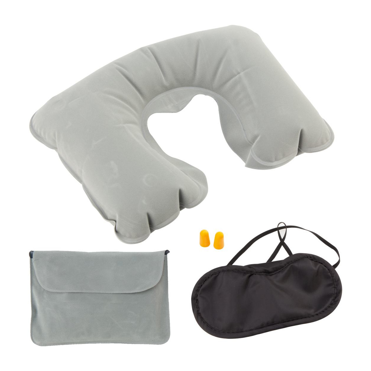 Cuscino gonfiabile grigio, maschera per gli occhi nera e tappi per le orecchie gialli in bustina in microfibra