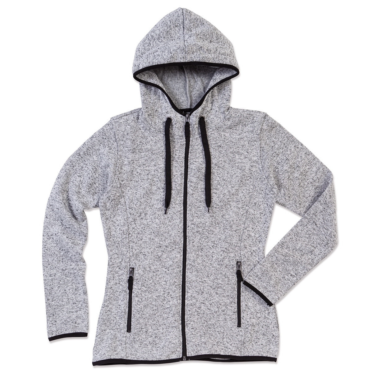 Pile da donna con zip e cappuccio grigio chiaro melange con tasche laterali con zip