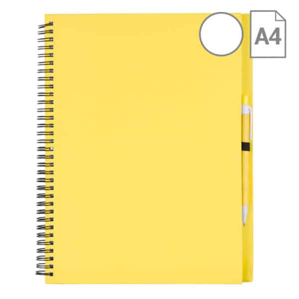 Blocnotes giallo con copertina in cartone, spirale e penna