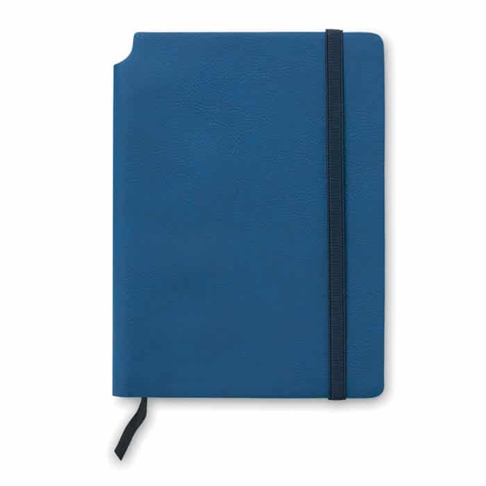 Bloc notes con copertina in similpelle blu con elastico di chiusura e ottanta fogli a righe