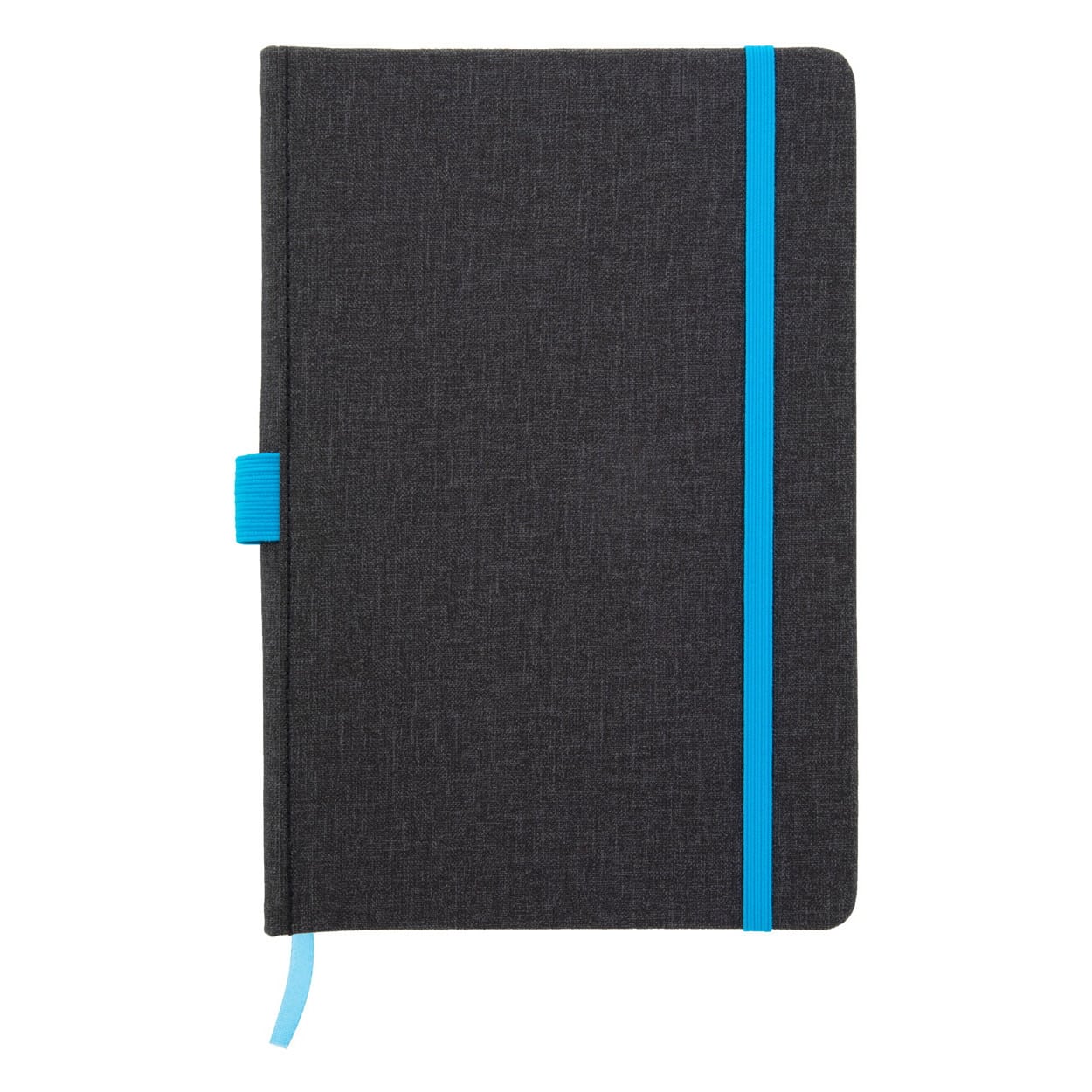 Bloc notes con copertina in similpelle nera con elastico, portapenne e segnalibro azzurro