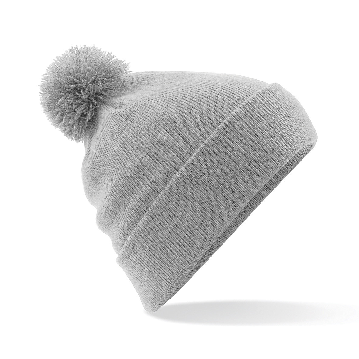 Berretto unisex grigio chiaro a maglia a costine con pon pon e risvolto