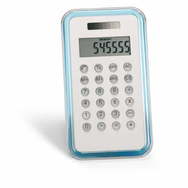 Calcolatrice bianca e blu in metallo e plastica