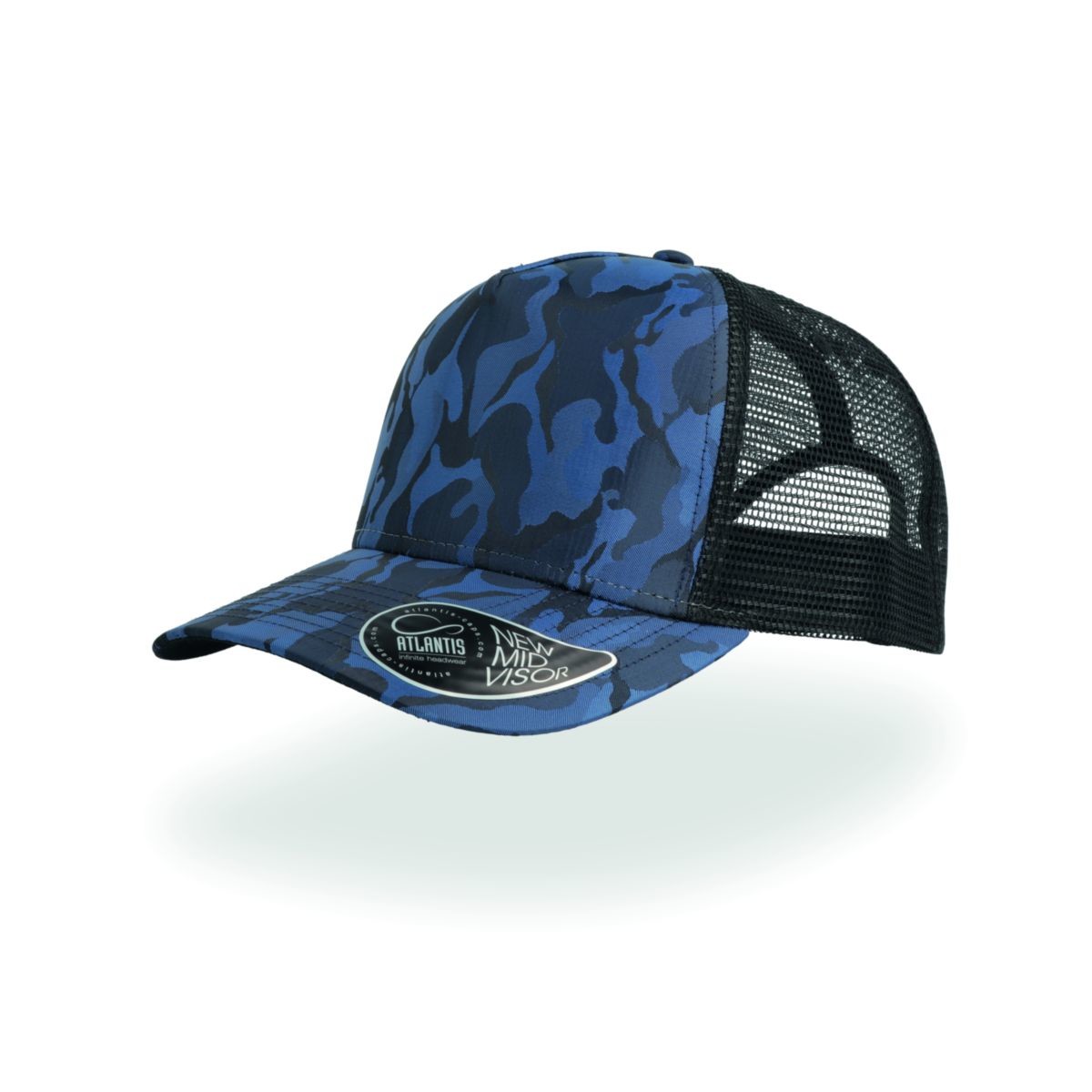 Cappellino in rete nera con pannello frontale fantasia blu royal su sfondo bianco