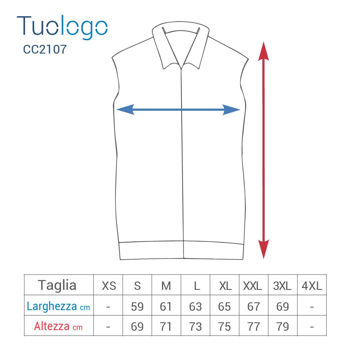 Tabella taglie con lunghezza e larghezza del gilet da lavoro