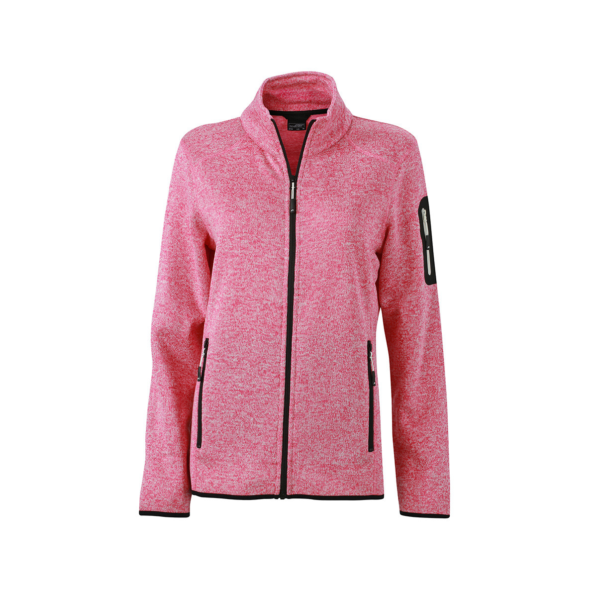 Pile da donna con zip melange rosa bianco, tasca su manica e tasche laterali contrasto