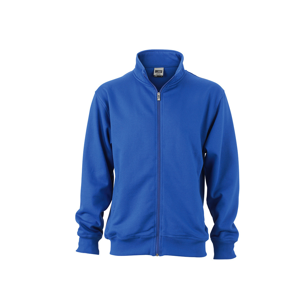 Felpa unisex blu royal collo alto con girovita e polsini in costina elastica su sfondo bianco