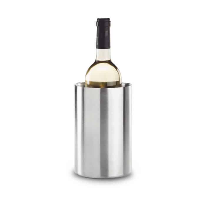 Cilindro porta bottiglie in acciaio con dentro bottiglia di vino