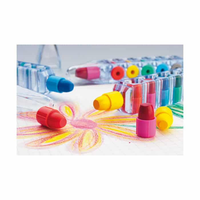 Set da sei pastelli con contenitore trasparente a forma di penna