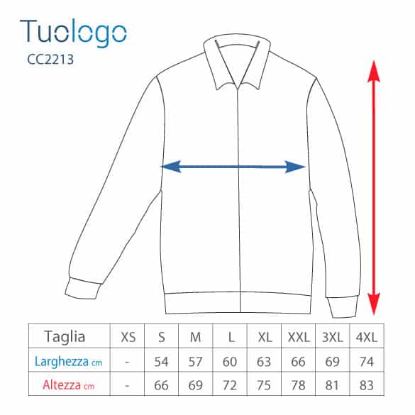 Tabella della larghezza e lunghezza taglie della felpa unisex con zip lunga