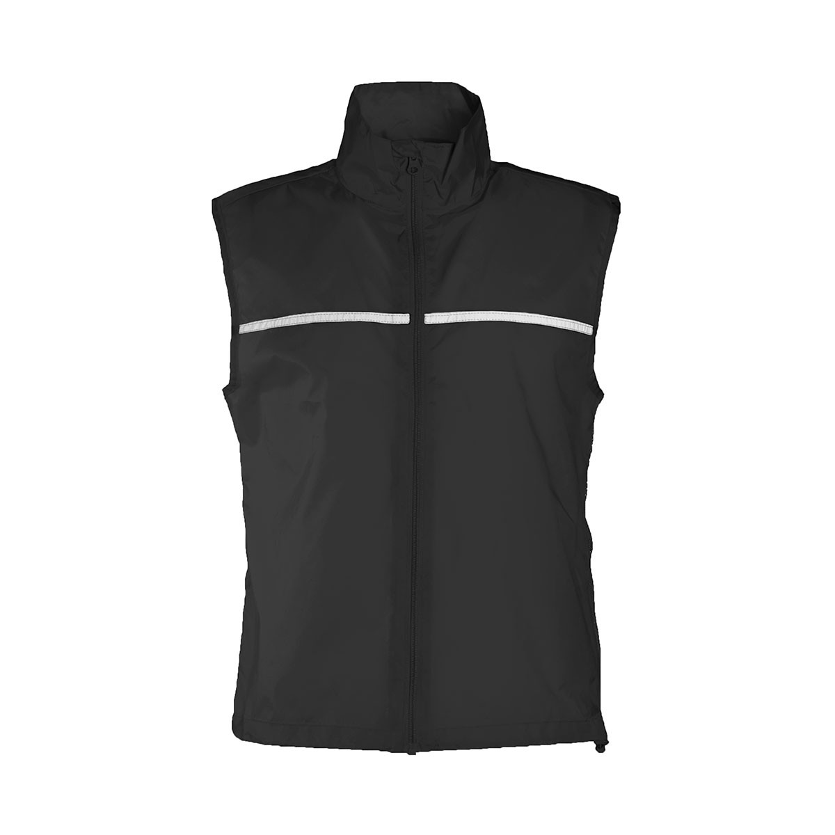 Gilet nero smanicato con catarinfrangenti davanti e dietro, zip e taschina interna 100% poliestere