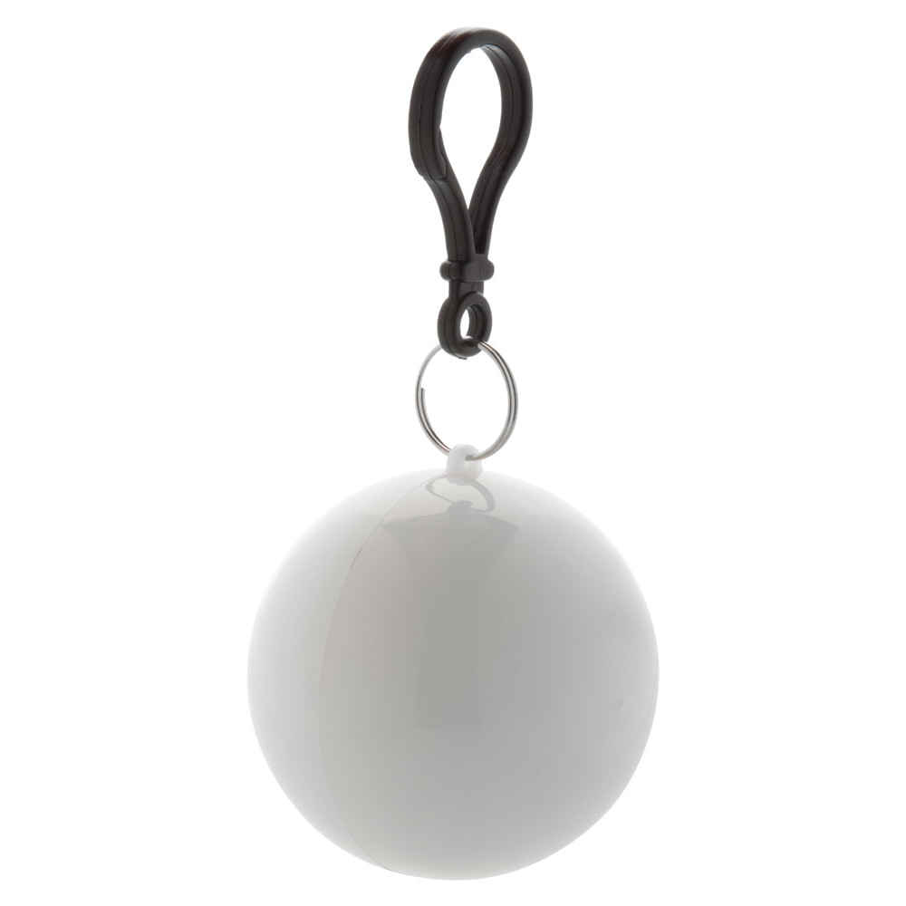 Impermeabile bianco con portachiavi e moschettone ripiegato in pallina di plastica in tinta