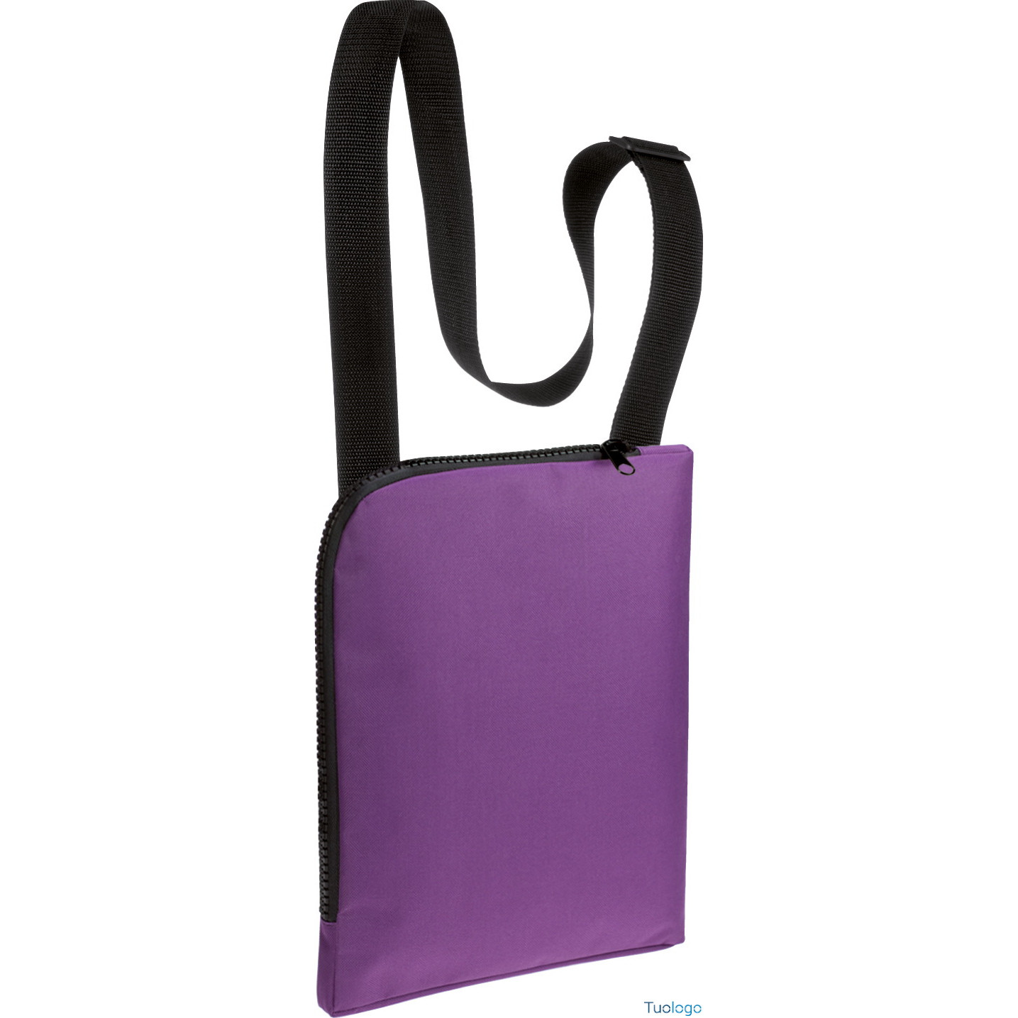 Borsa portadocumenti con lunga tracolla viola con grossa zip nera su 2 lati