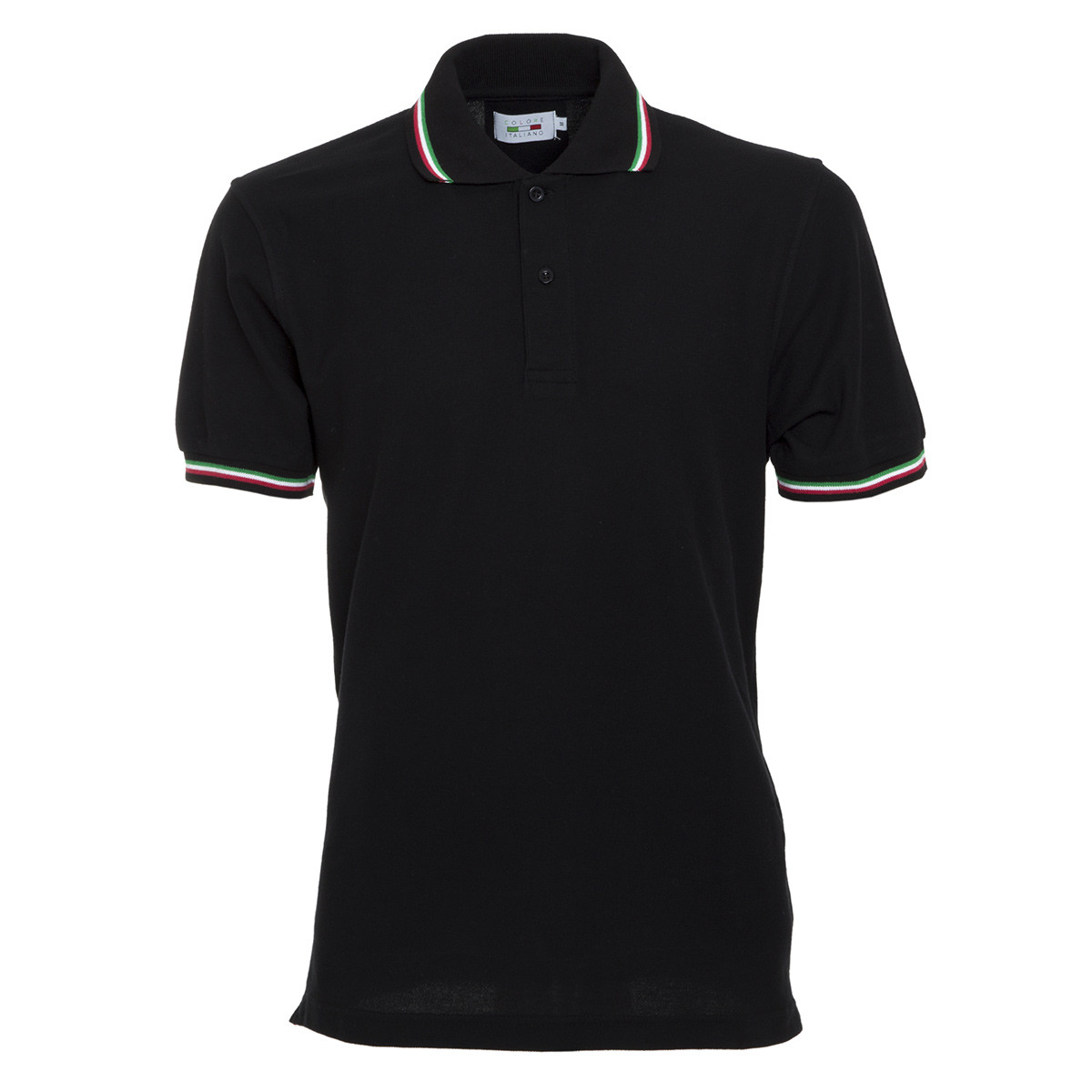 Polo unisex nera manica corta con bordatura tricolore Italia su collo e maniche