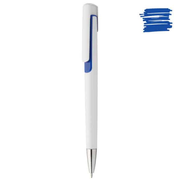 Penna a sfera in plastica bianca con dettagli blu e punta cromata