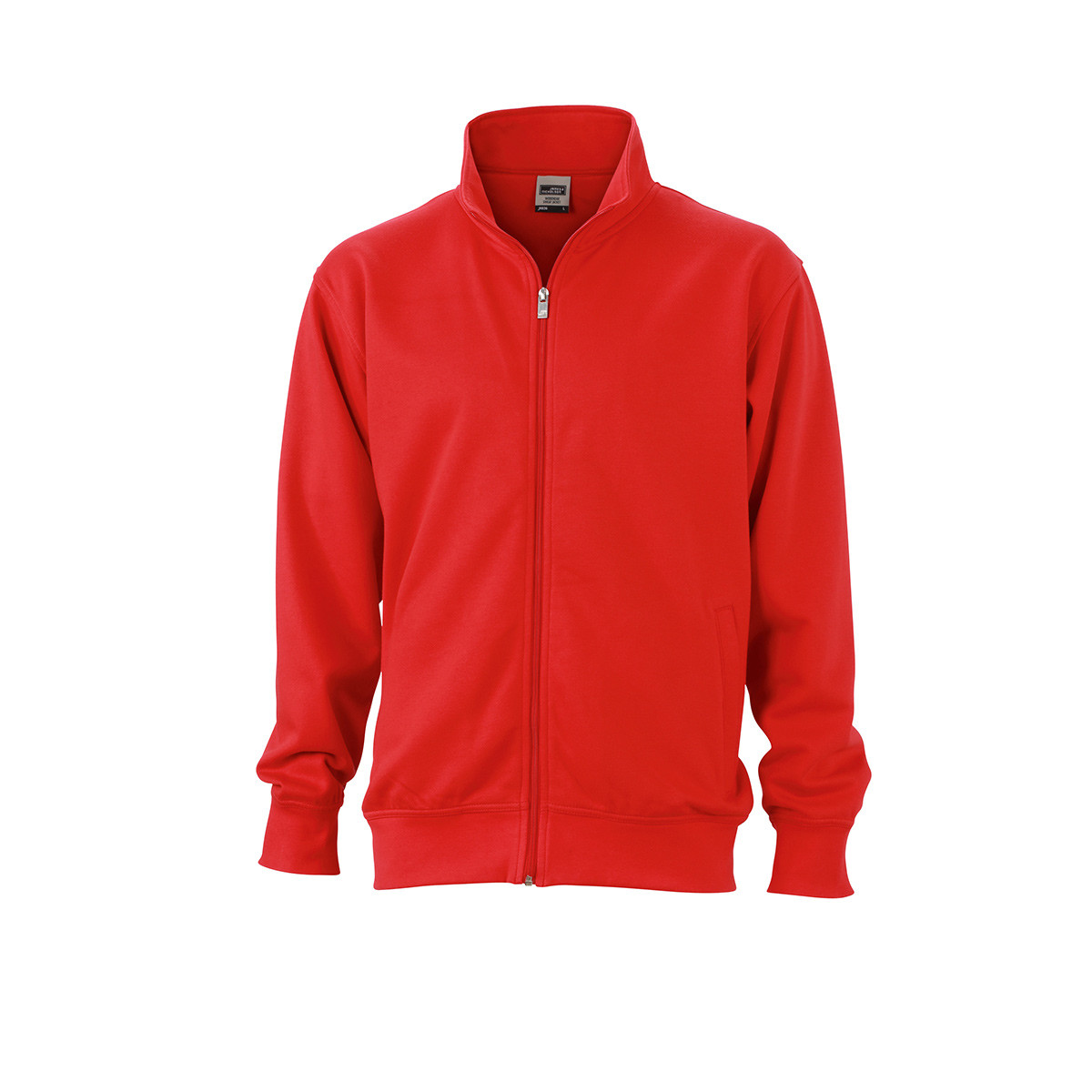Felpa unisex rosso collo alto con girovita e polsini in costina elastica su sfondo bianco
