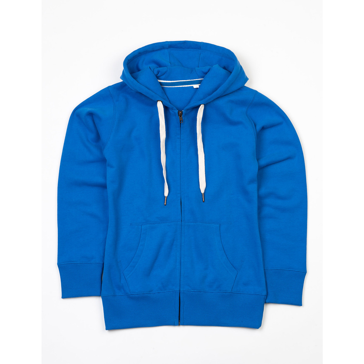 Felpa blu con zip, cappuccio, tasche e lacci bianchi