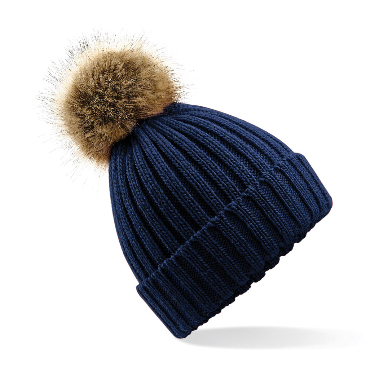 Berretto blu navy a maglia a coste con risvolto e pon pon in pelliccia ecologica