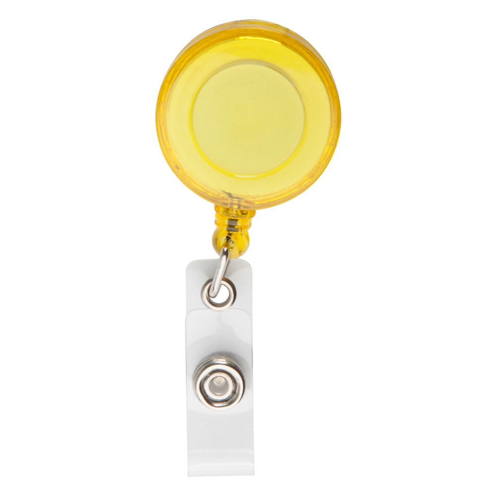 Portabadge in plastica gialla con chiusura a bottone con logo