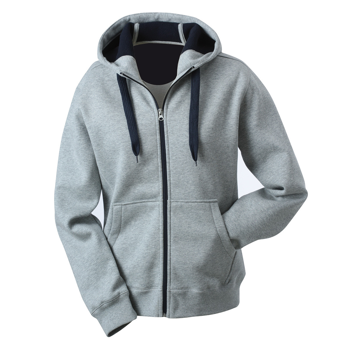 Felpa grigia con interno blu scuro con cappuccio, zip, cordino e tasche a marsupio