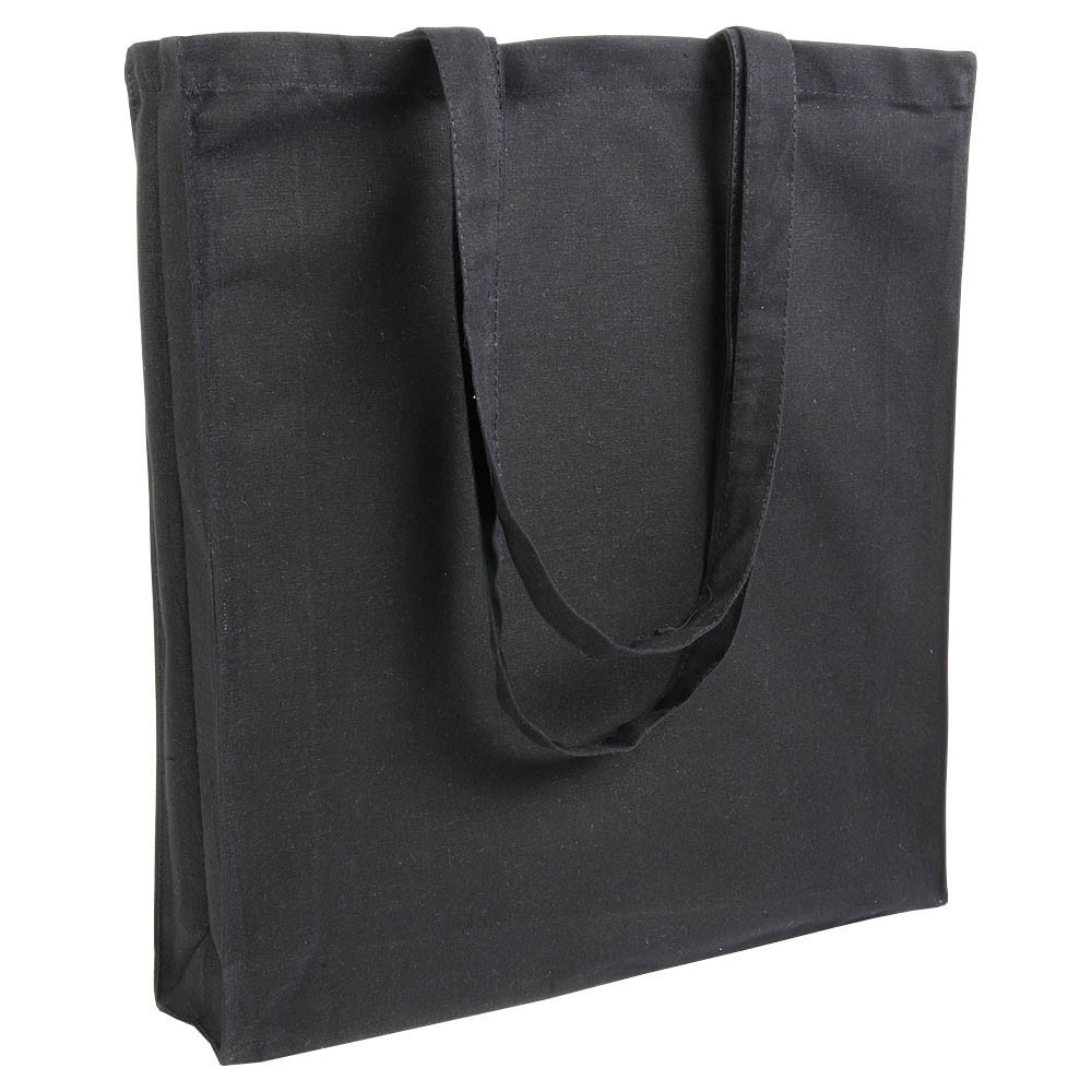 Shopper in cotone nero con manici lunghi e soffietto
