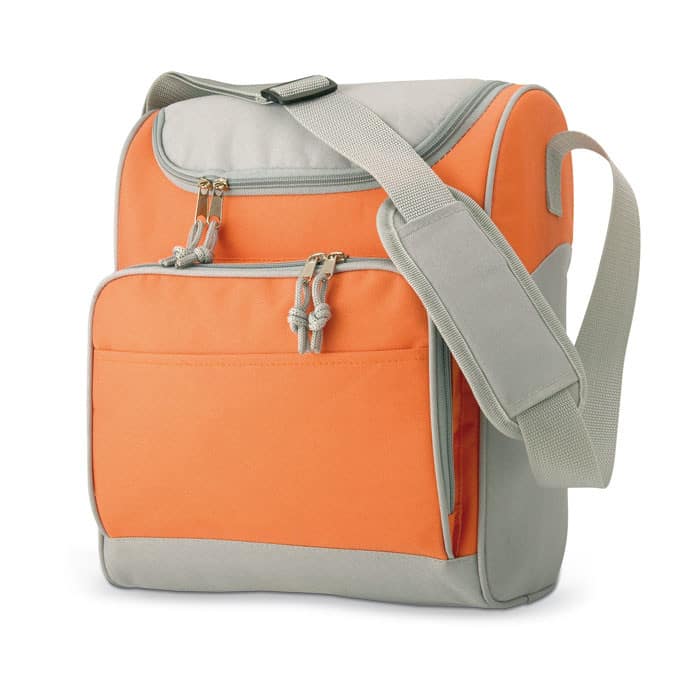 Borsa termica rossa e grigia in poliestere con tracolla e tasca frontale