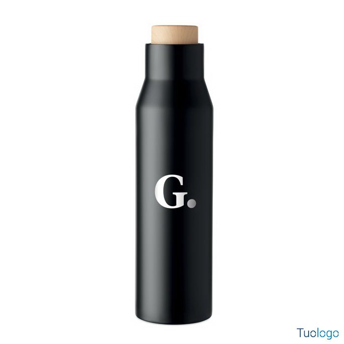 Bottiglia in acciaio nero, con logo bianco,  con tappo in legno