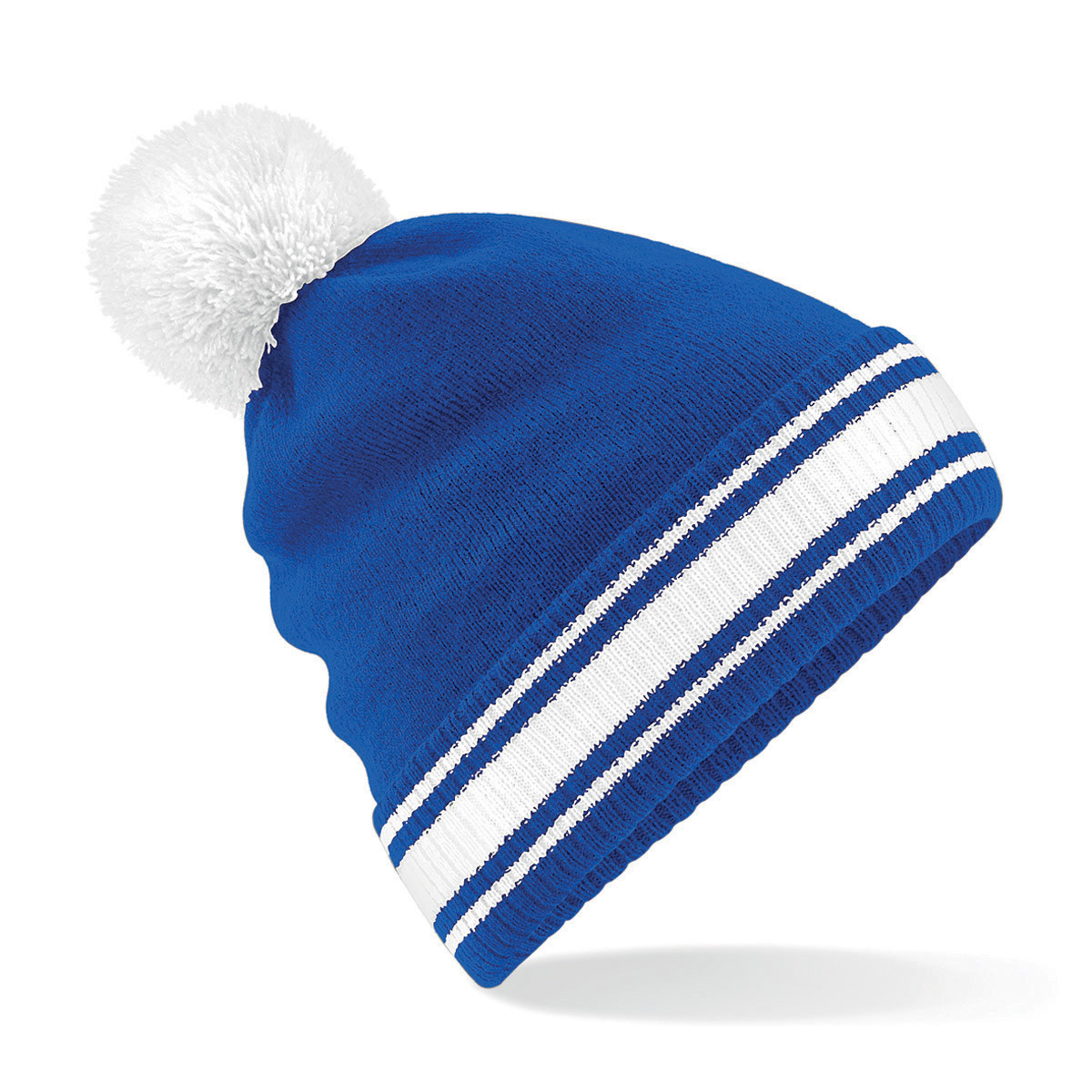 Berretto a maglia con rivolto e pon pon a contrasto blu royal bianco