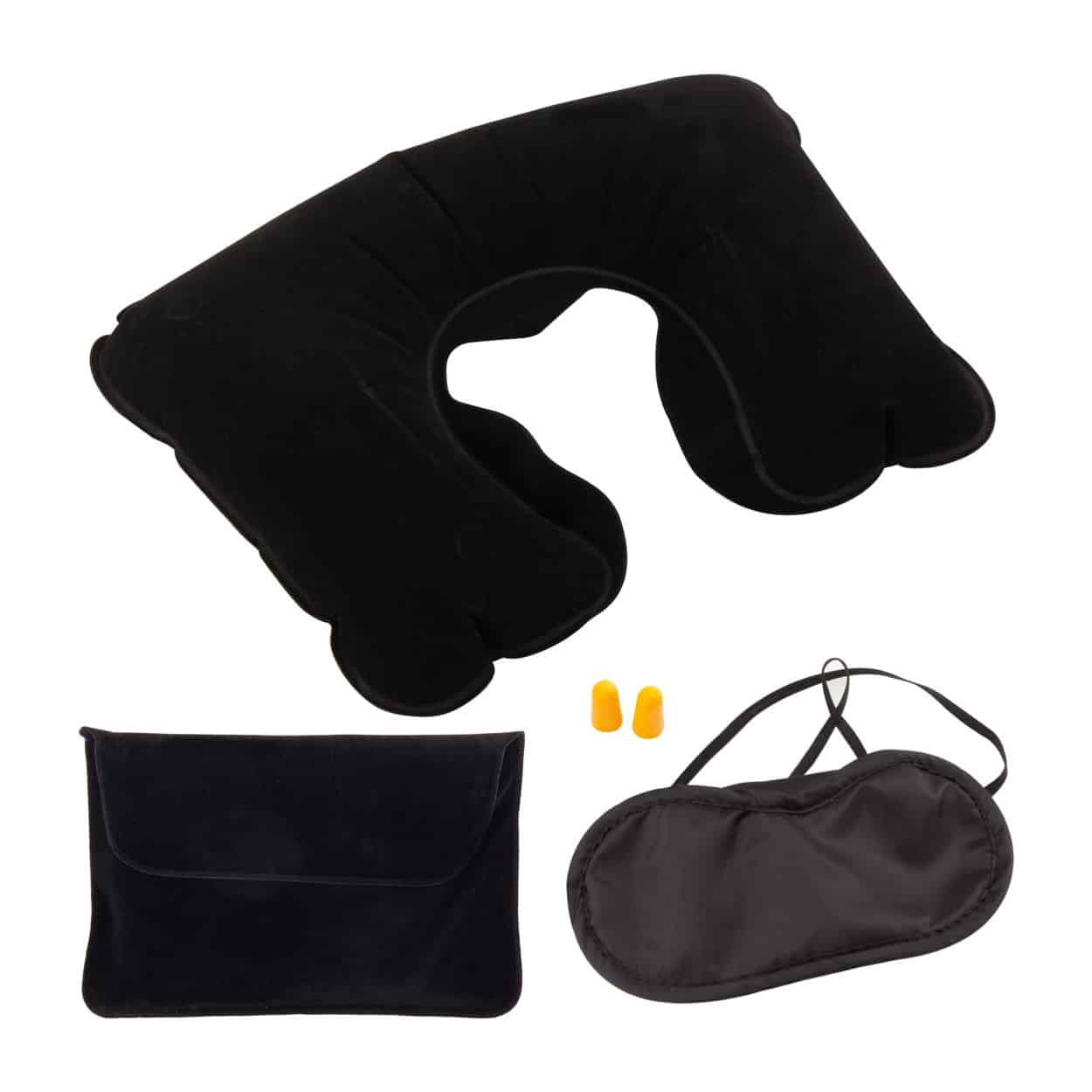 Cuscino gonfiabile nero, maschera per gli occhi nera e tappi per le orecchie gialli in bustina in microfibra